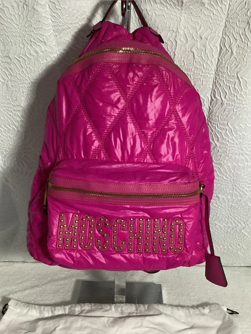 Moschino Quilted Hot Pink Large Nylon Backpack w/ Gold Studded Logo